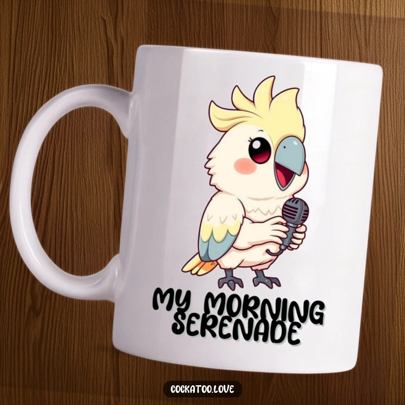 Funny cockatoo mug featuring a smiling bird holding a tiny microphone, ready to sing.