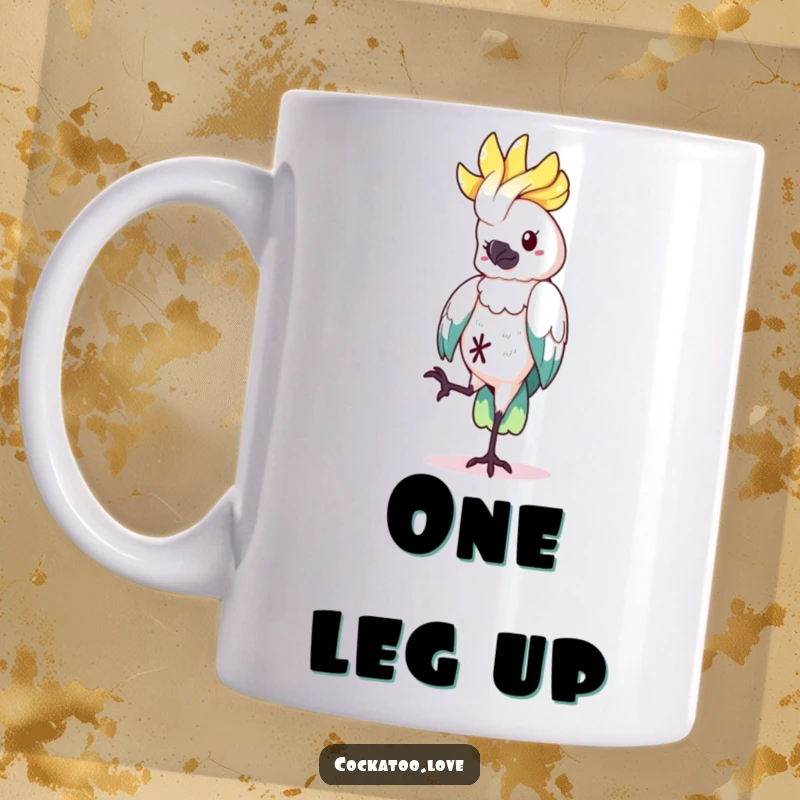 Funny Mug showing a cockatoo character playfully balancing on one leg, a quirky and amusing image, a great funny gift.