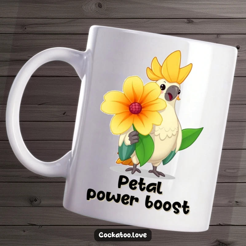 Funny cockatoo mug with a cheerful bird character offering a large, colorful flower with a friendly nod, radiating happiness.
