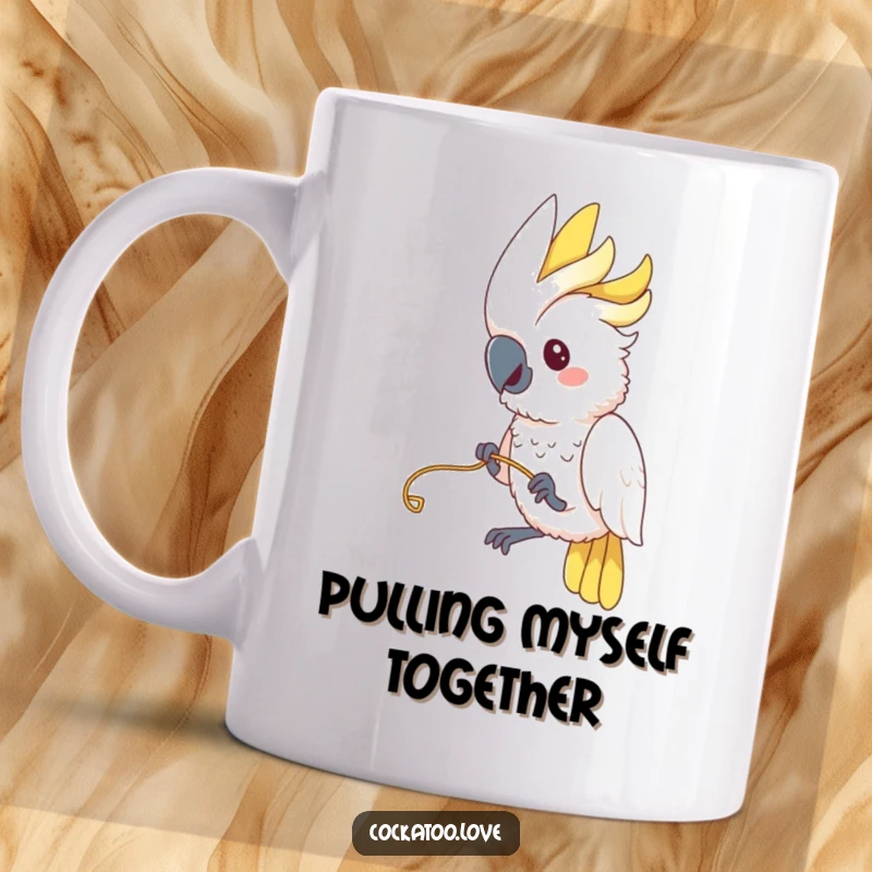 Funny Cockatoo Mug: A mischievous cockatoo is playfully tugging on a colorful string, looking incredibly entertained by its game.