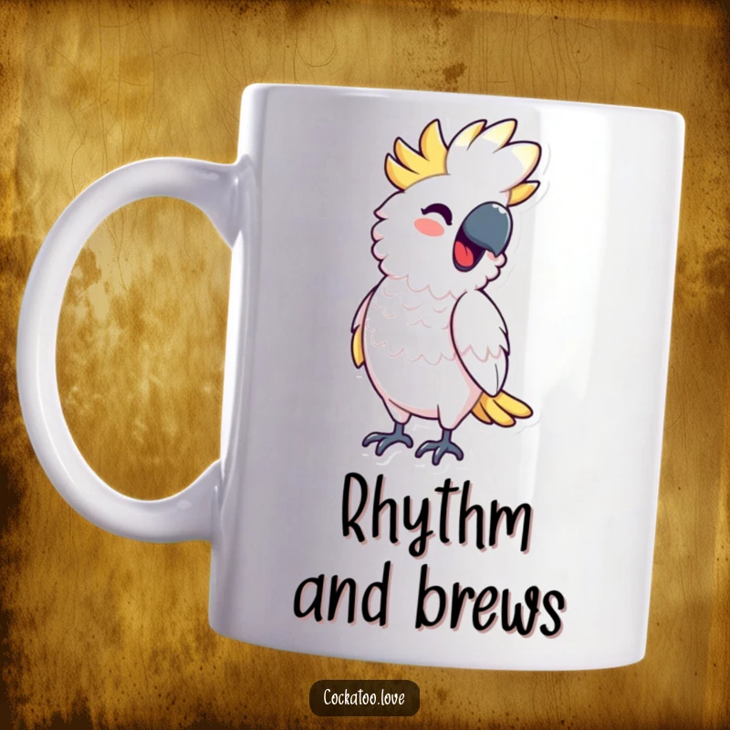 Funny Mug showing a cockatoo character rhythmically bobbing its body with a smile, full of joyful movement, a great funny gift.
