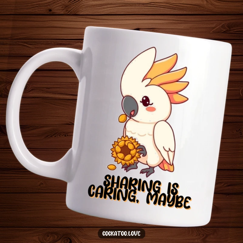 Funny cockatoo mug featuring a friendly bird character extending a sunflower seed treat with a gentle expression.