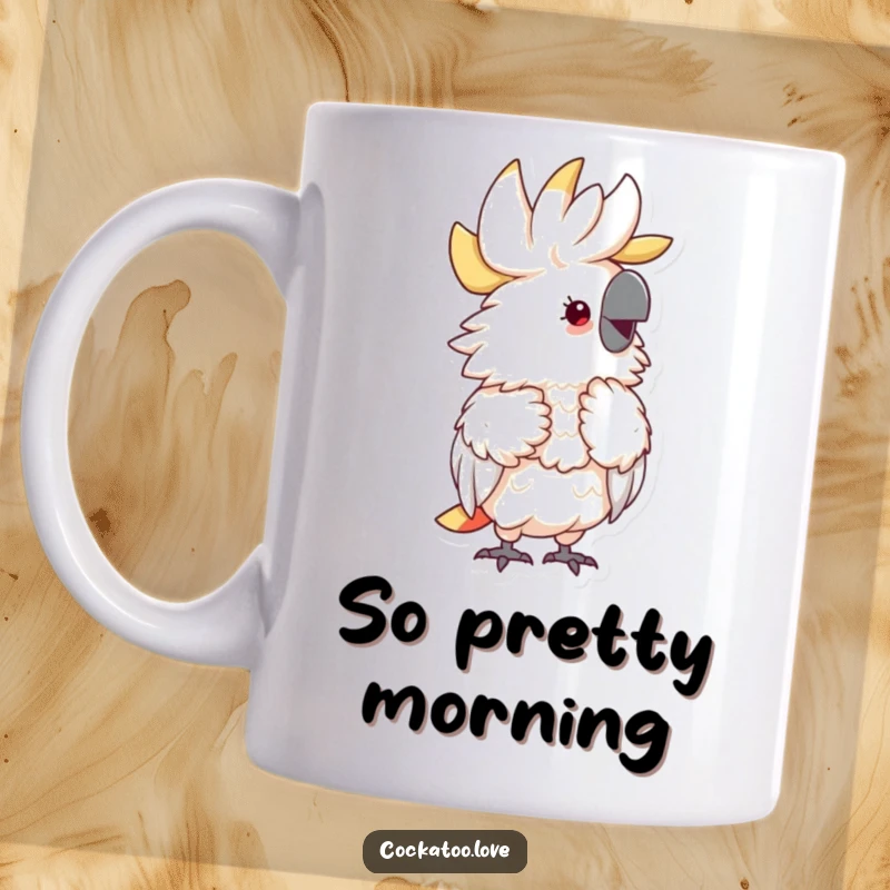 Funny Fluffy Cockatoo Mug featuring a delightful, fluffy cockatoo meticulously preening its feathers with an expression of pure joy.