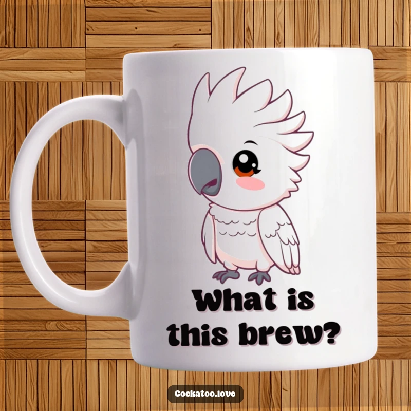 Funny cockatoo mug depicting a bird tilting its head inquisitively, showcasing curiosity and charm.