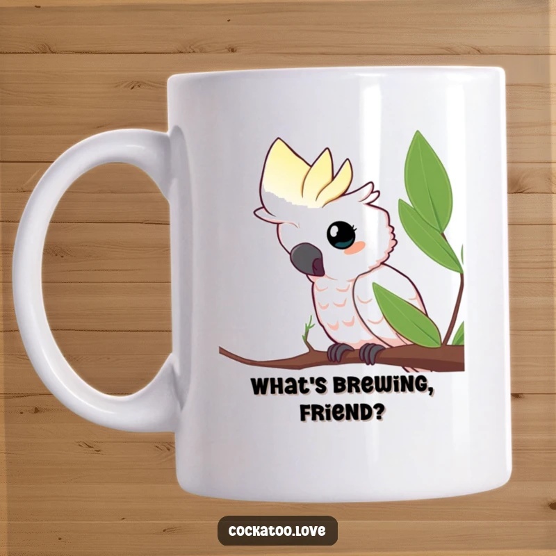Funny mug featuring a curious cockatoo peeking from behind a leaf, conveying playful intrigue and charm, an excellent funny gift.