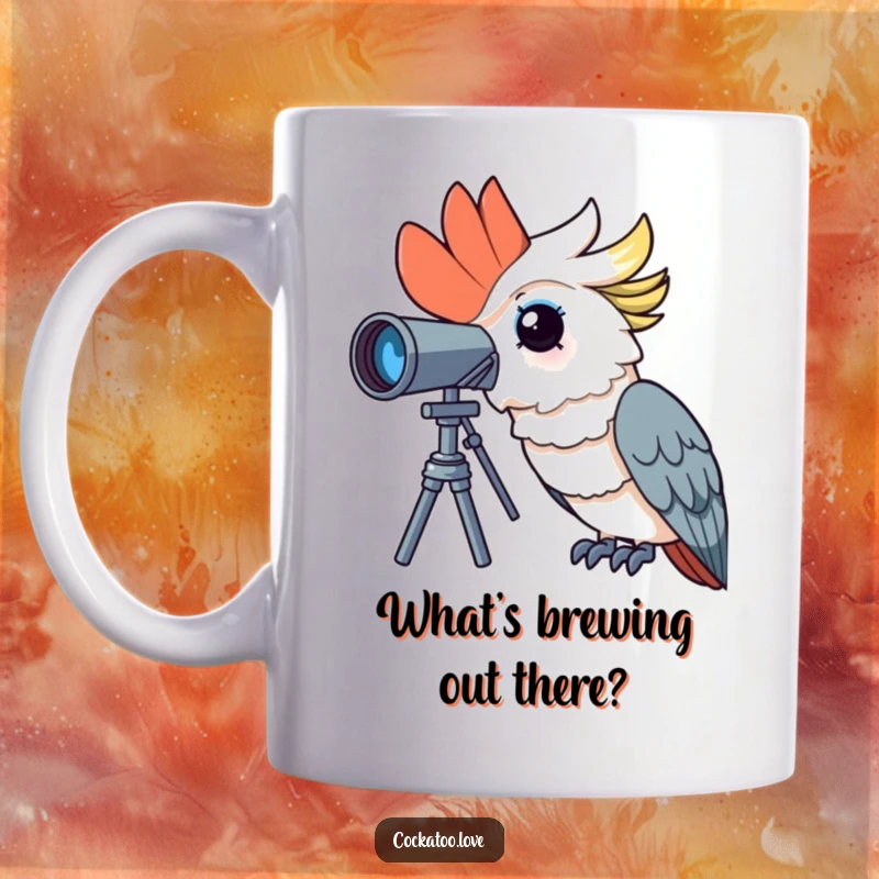 Funny cockatoo mug with a curious bird character peering through a telescope with wide-eyed wonder, symbolizing exploration.