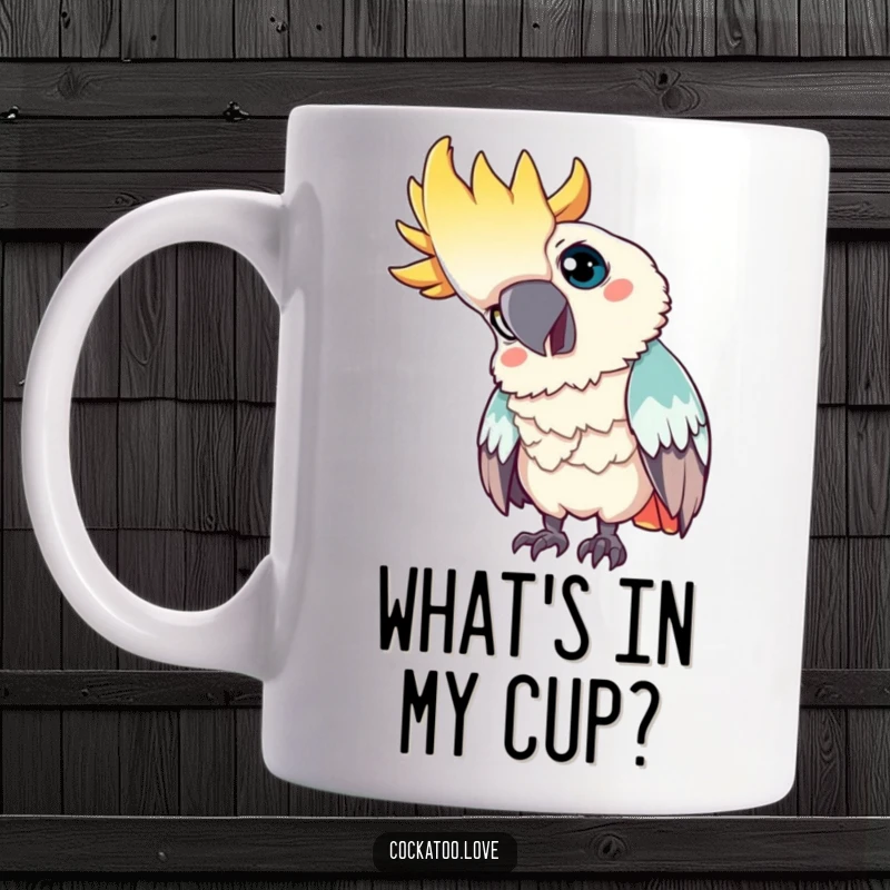 Funny mug: A curious cockatoo tilts its head inquisitively, eyes focused on something intriguing, exuding a sense of wonder.