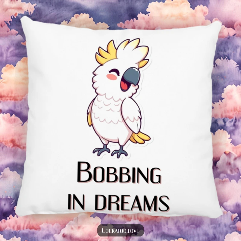 Funny Pillow featuring a cockatoo character bobbing rhythmically with a smile, combining comfort and joyful humor for a delightful funny gift.