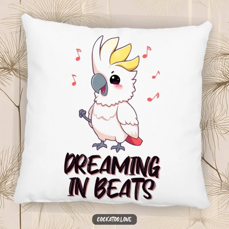 Funny Cockatoo Pillow bobbing its head to music, soft and inviting, adding a touch of humor and comfort, a great funny gift.