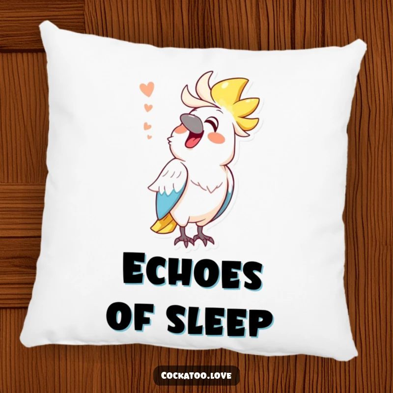 Funny cockatoo pillow, cheerful bird mimicking a funny sound, soft and humorous decoration, bringing smiles.