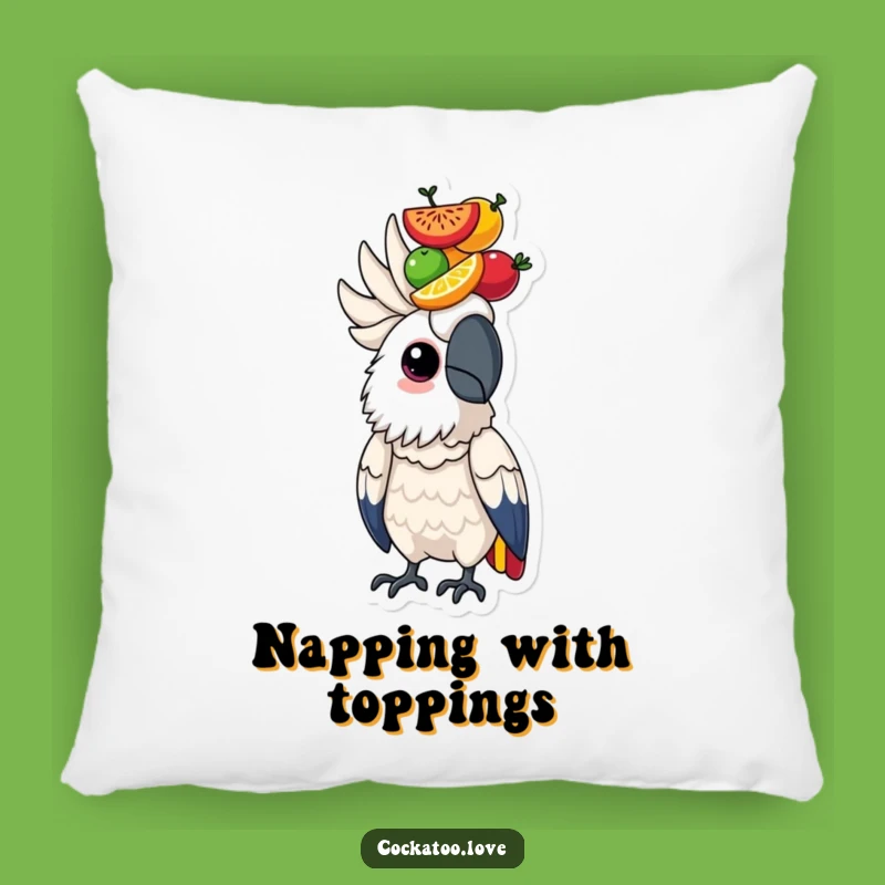 Focused Cockatoo Fruit Pillow: Determined Bird Cushion, Cozy & Inspiring Decor!