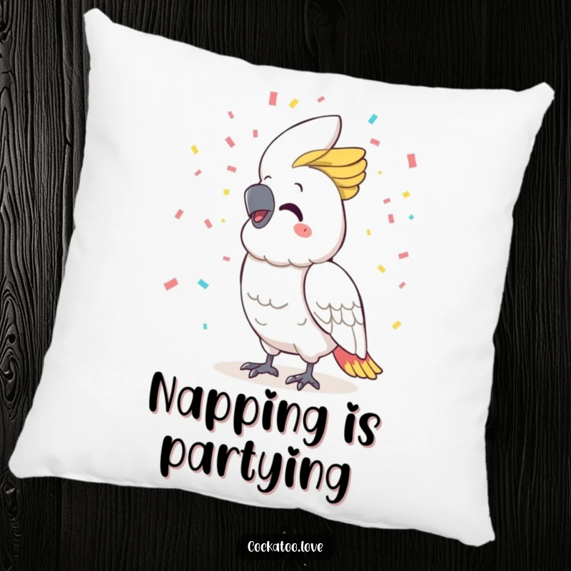 Funny cockatoo pillow, big smile, dramatically throwing confetti, designed for comfort and a constant reminder of joyful celebration.