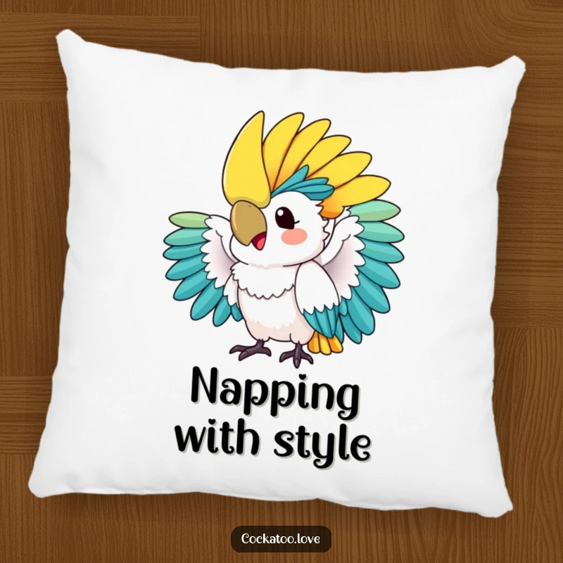 Funny pillow: A vibrant cockatoo fans its colorful crest with excitement, creating a humorous and comfortable decorative accent for any room.