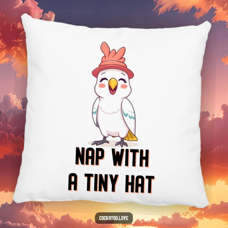 Funny Cockatoo Hat Pillow a comical cockatoo wearing a hat squawks happily, providing a soft, humorous, and decorative accent for any couch or bed.