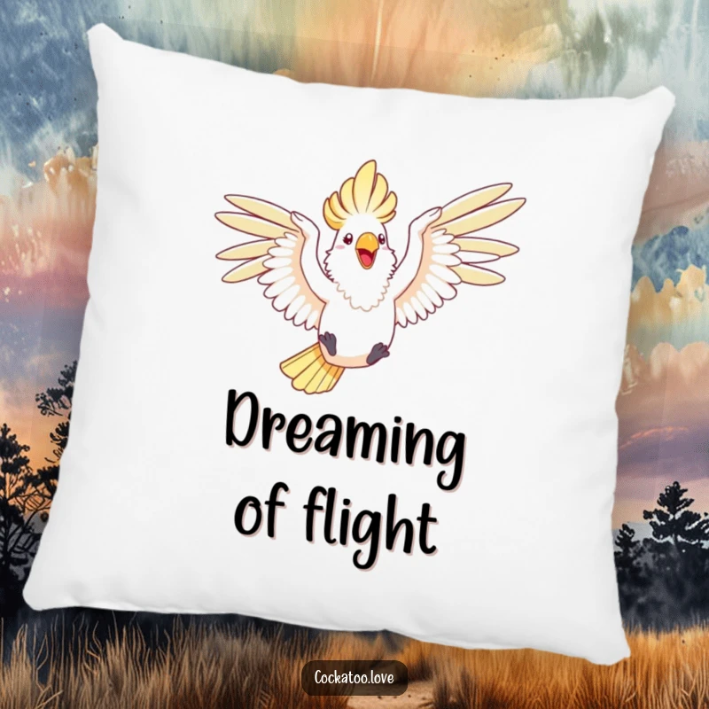 Funny decorative pillow showing a happy cockatoo with wings outstretched, joyfully leaping through the air.