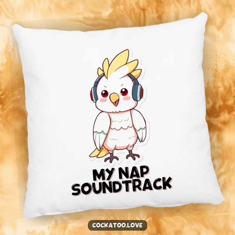 Funny plush pillow of a cockatoo wearing headphones and bopping to music, perfect for adding musical comfort.
