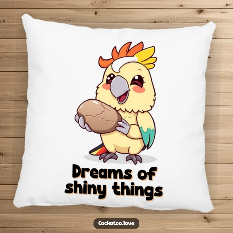 Funny cockatoo pillow, colorful bird offering a shiny pebble with a grin, soft and charming decoration.