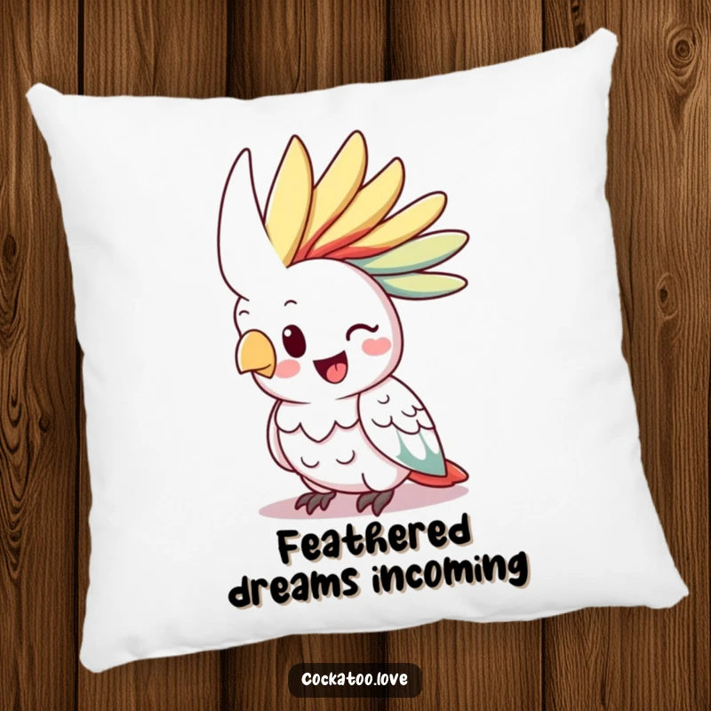 Funny cockatoo pillow, happy bird with vibrant raised crest, soft and cheerful decoration, adding personality.