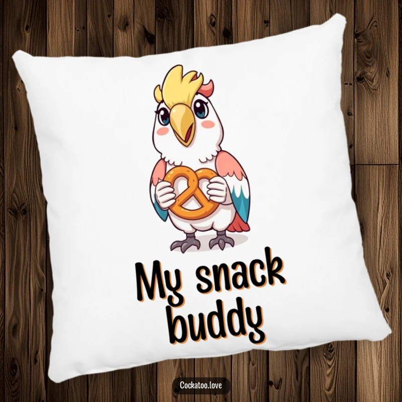 Funny plush pillow of a happy cockatoo holding a tiny pretzel, bringing snack-themed comfort and joy.