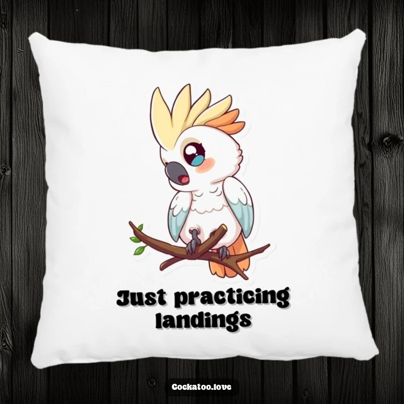 Funny decorative pillow showing a surprised cockatoo with wide eyes, comically tumbling from a tree branch.