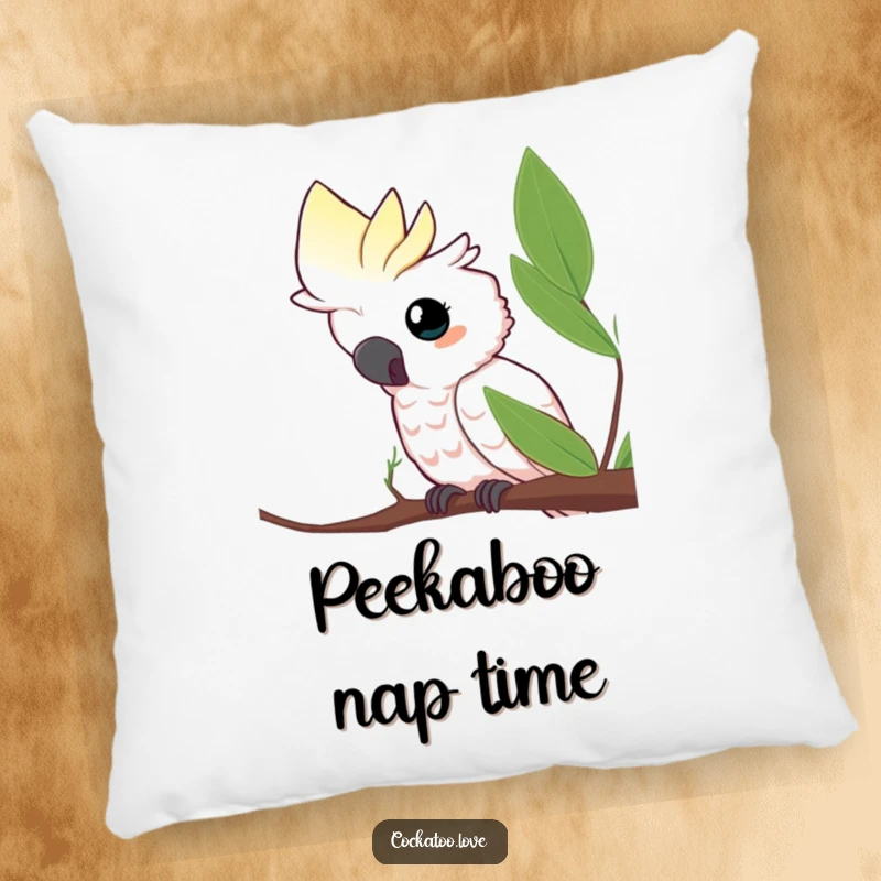 Funny pillow featuring a curious cockatoo peeking from behind a leaf, offering cozy comfort and avian curiosity, an adorable funny gift.