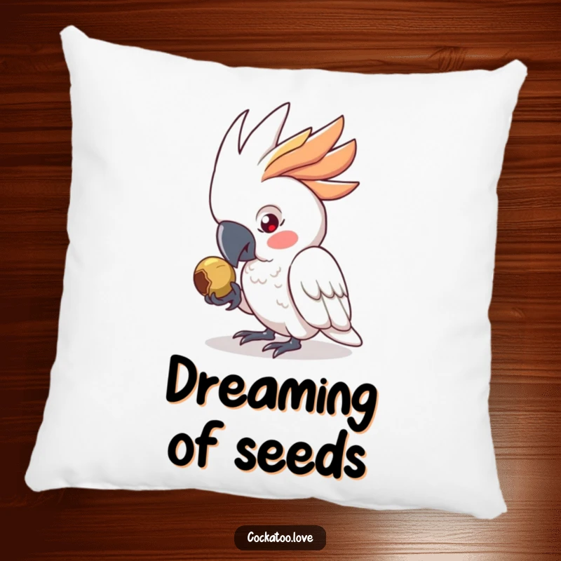 Funny Pillow showcasing a determined cockatoo character focused on pecking a seed, adding humor and comfort as a delightful funny gift.