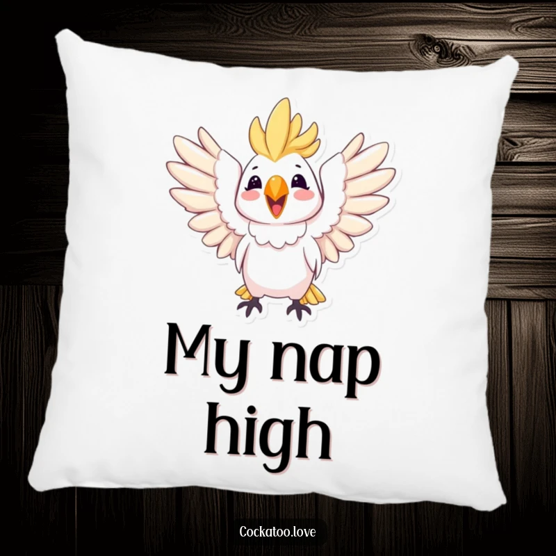 Funny plush pillow of a joyful cockatoo with wings spread wide, bringing happiness and soft comfort.