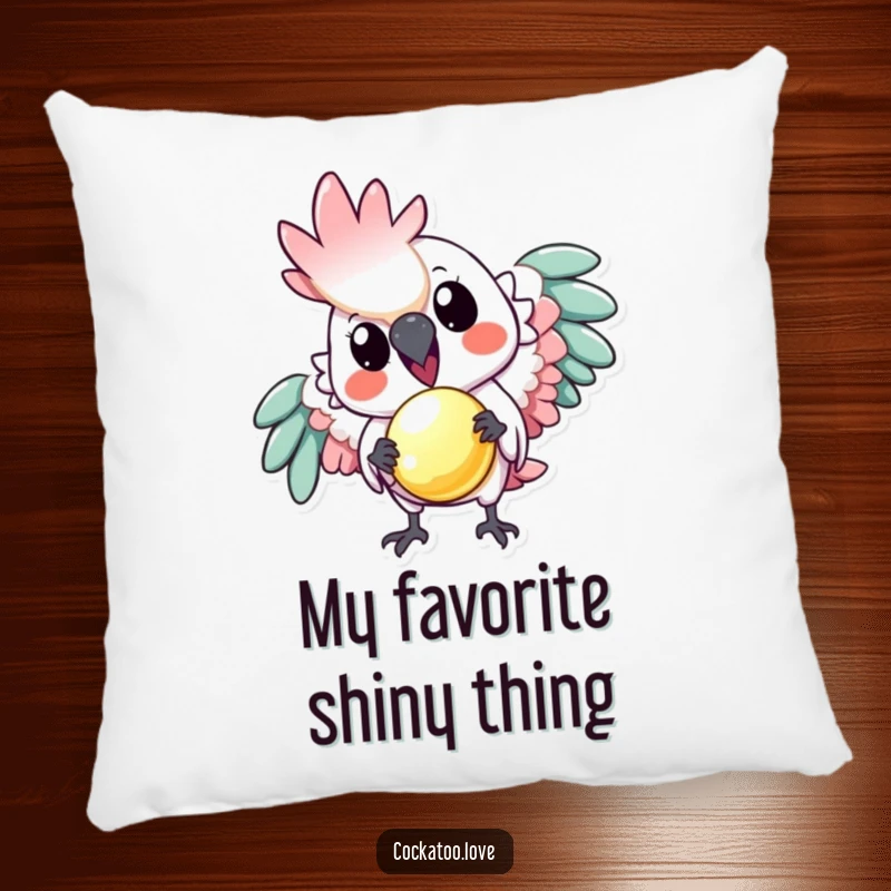 Funny pillow: A playful cockatoo offers a tiny, shiny object, creating a humorous and comforting decorative accent.