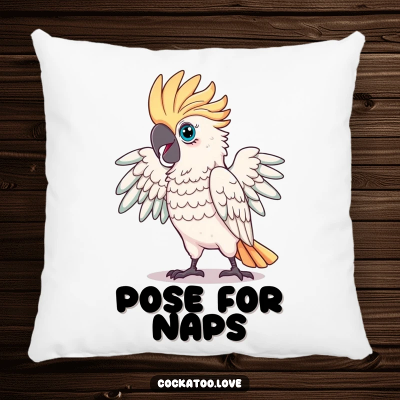 Funny Proud Cockatoo Pillow featuring a magnificent cockatoo striking a dramatic pose, soft and stylish comfort.