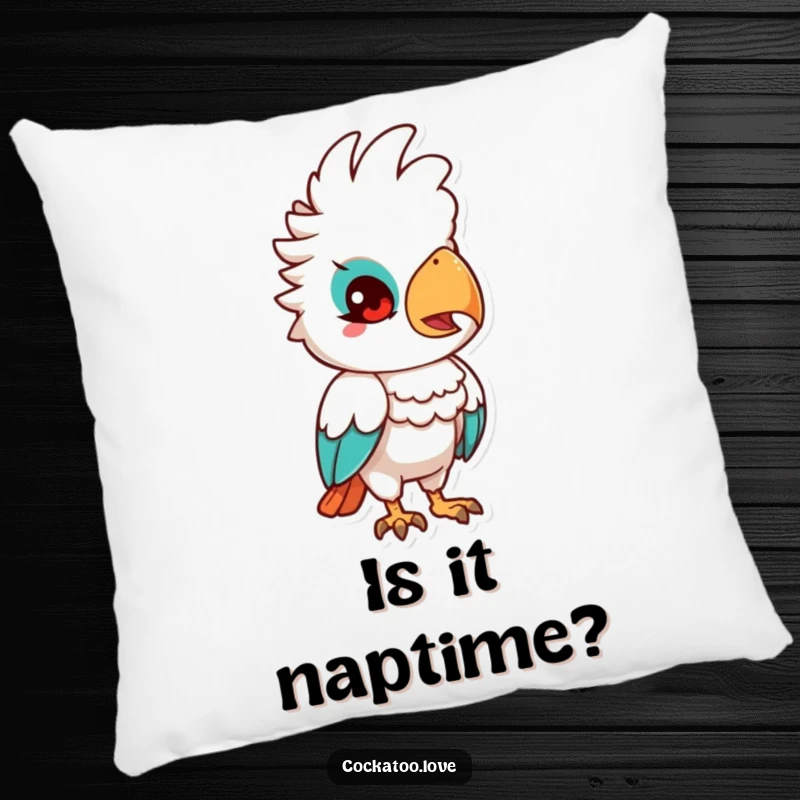 Funny Quizzical Cockatoo Pillow: A soft pillow featuring a cockatoo character tilting its head with a quizzical expression.