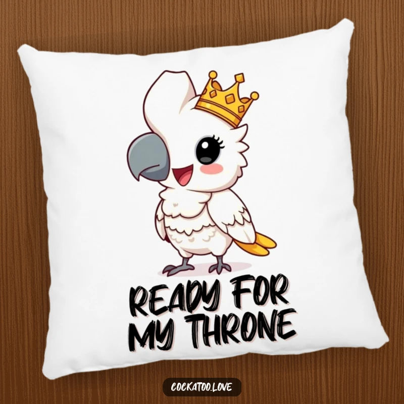 Funny cockatoo pillow with a comical regal bird wearing a small crown, striking a majestic pose, for humorous, plush comfort.
