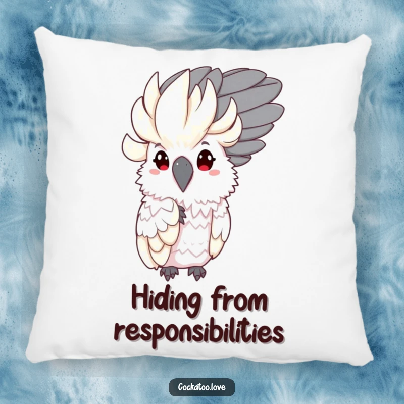 Funny Shy Cockatoo Pillow: Plush pillow featuring a shy bird character peeking from behind a large, decorative feather.