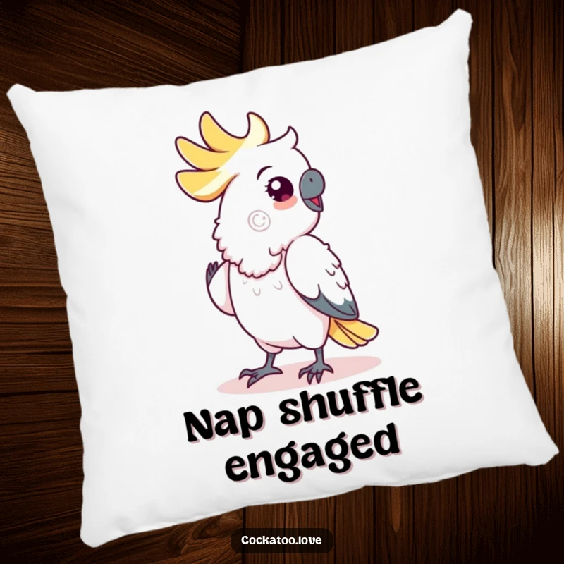 Funny cockatoo pillow, soft and plush, showing a bird performing a delightful and funny shuffle dance.