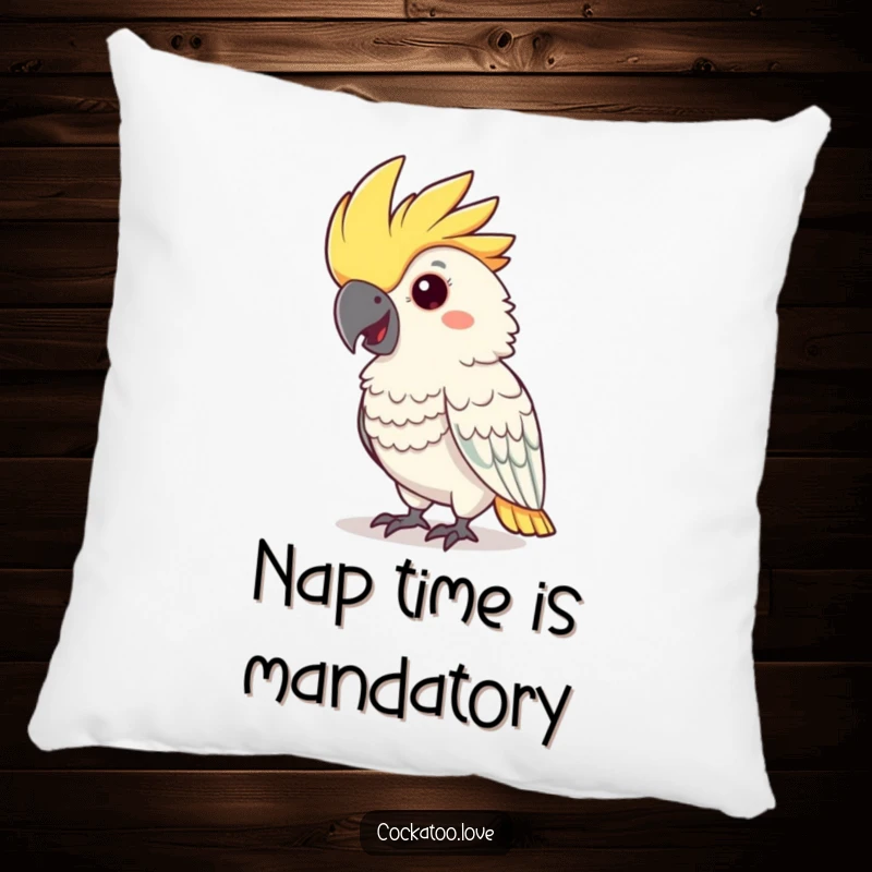 Funny cockatoo pillow featuring a cheerful bird with a flamboyant crest nodding adorably.