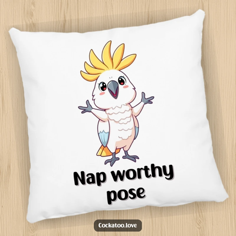Funny Pillow featuring a cockatoo character striking a ridiculous pose, combining comfort and humor for a delightful funny gift.