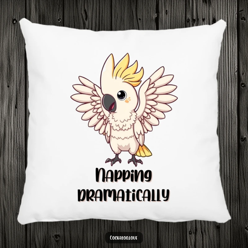 Funny pillow with a dramatic cockatoo bird striking a pose with wings spread. This decorative cushion adds theatrical flair.