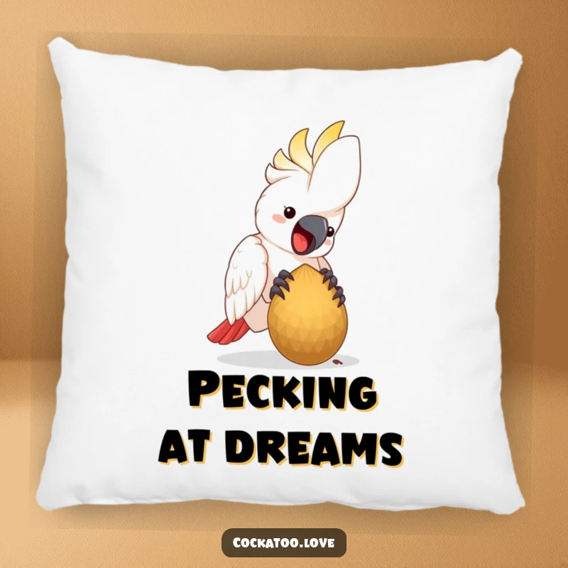 Funny Pillow featuring a happy cockatoo bird pecking at a large seed, soft and decorative.