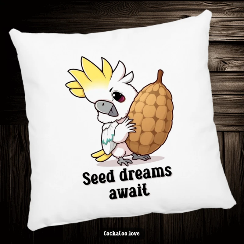 Funny cockatoo pillow, plush and comfy, showcasing a determined bird cracking a giant seed with a hilariously wide grin.