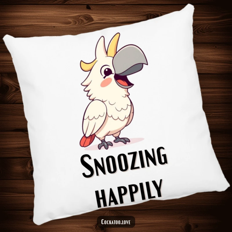Funny Pillow featuring a happy cockatoo character squawking joyfully with a wide beak, offering comfort and a funny gift.