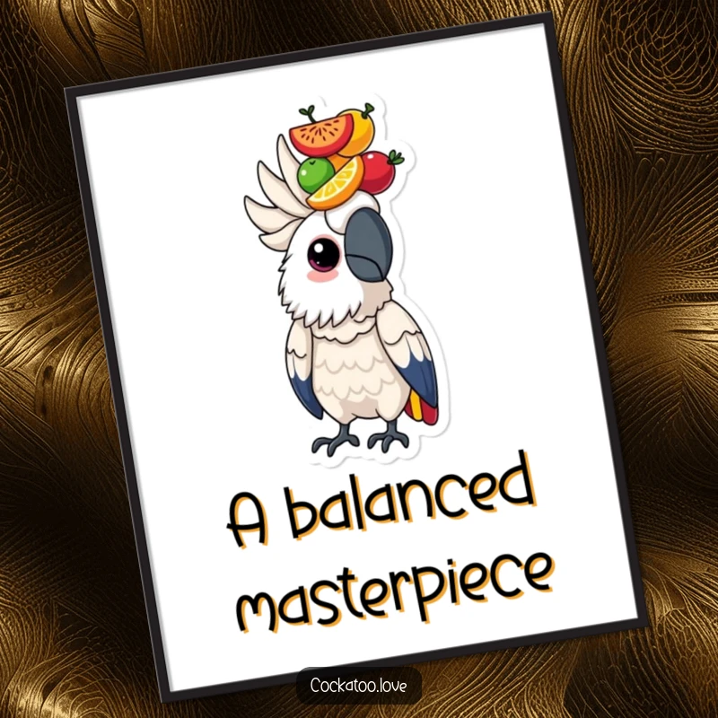 Determined cockatoo bird artwork balancing a tall stack of colorful fruits on its head, symbolizing focus and strength.