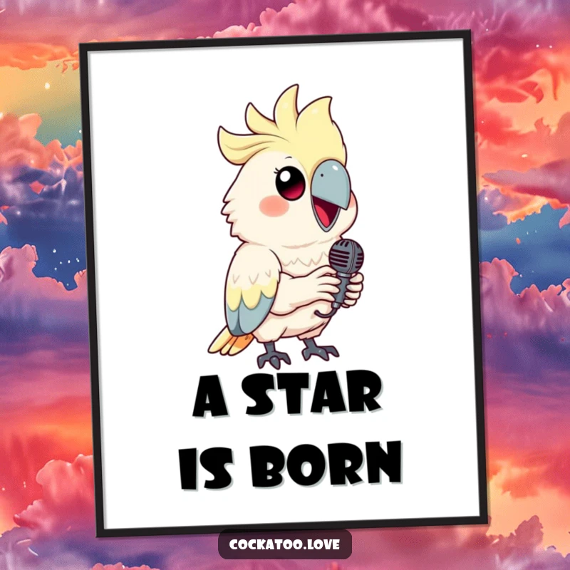 Funny cockatoo digital art print of a smiling bird holding a tiny microphone, ready to perform.