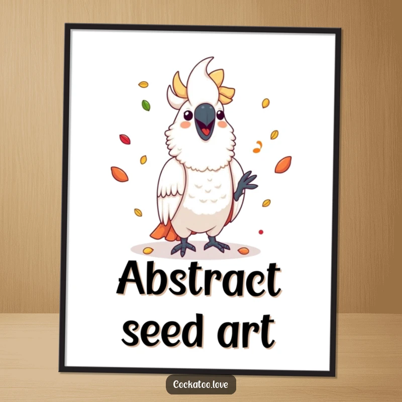 Funny cockatoo digital art print of a happy bird skillfully juggling a vibrant collection of seeds.