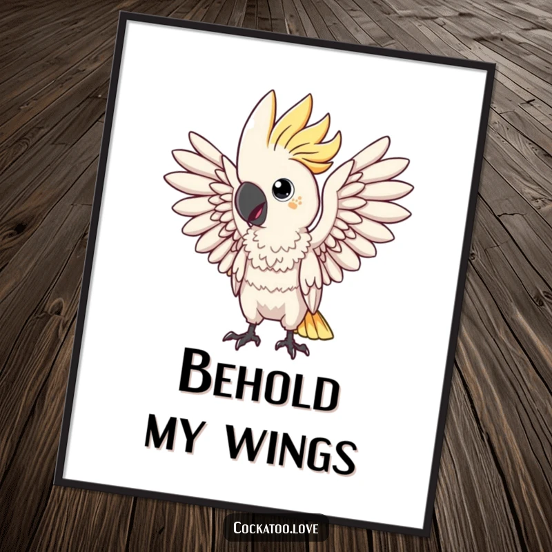Funny digital art print of a cockatoo bird striking a dramatic pose with its wings spread wide. This artwork is pure theatricality.