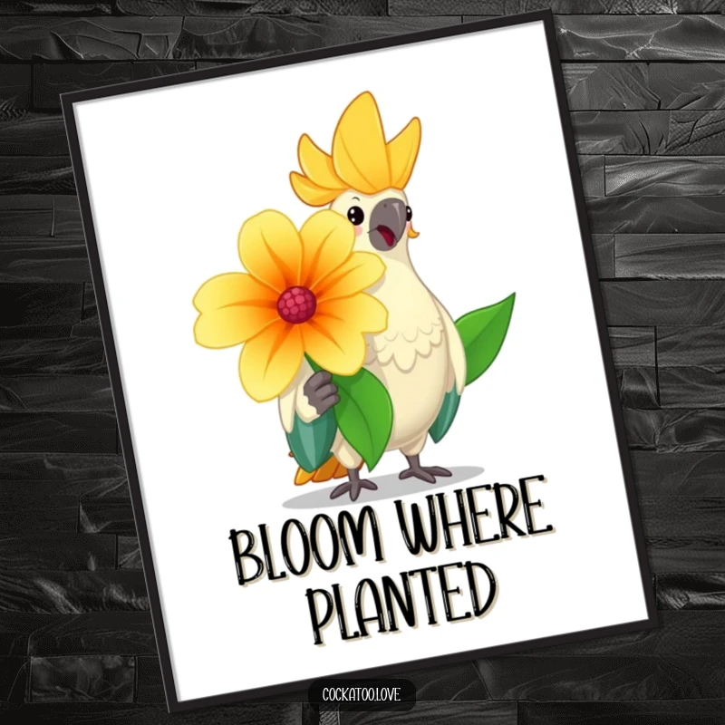 Funny cockatoo digital art print of a cheerful bird offering a big flower with a friendly nod, for instant joyful decor.