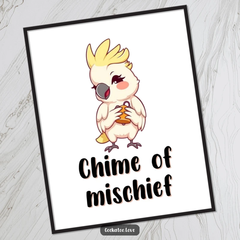 Funny Cockatoo Digital Art Print, mischievous wink and tiny bell, perfect for adding playful charm to any room, a funny gift.