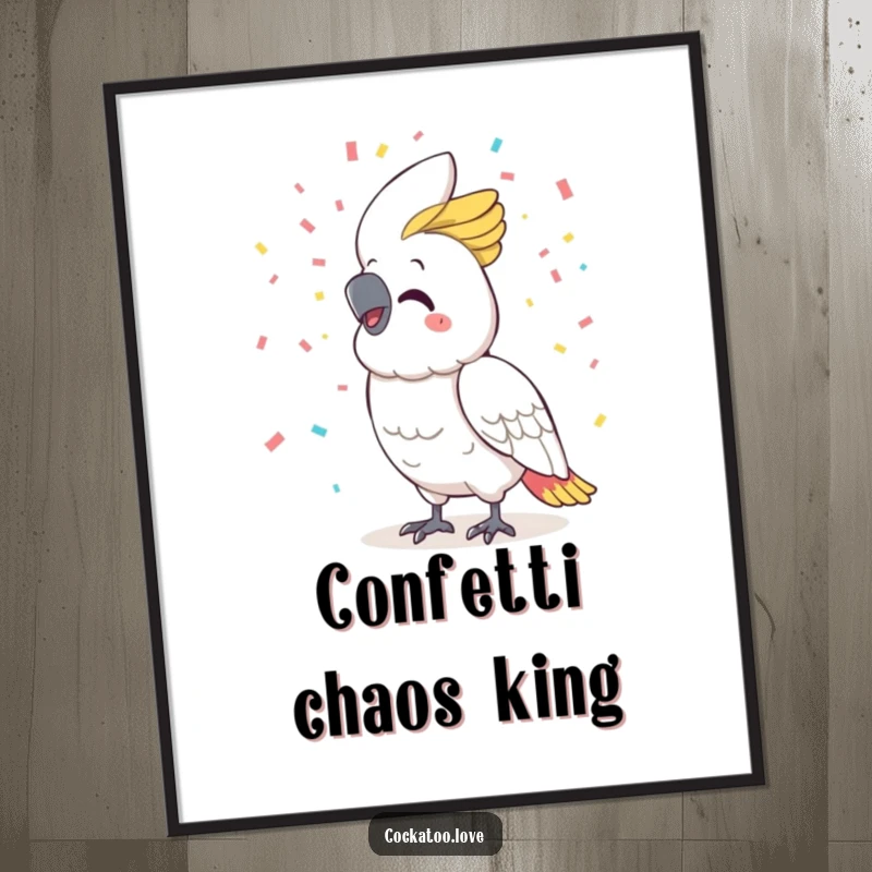 Funny cockatoo digital art, large smile, exuberantly throwing confetti, creating an immediate sense of festivity and happiness.