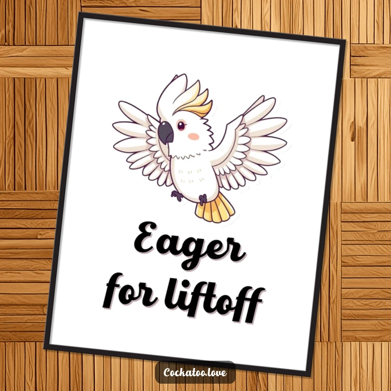 Funny Cockatoo Digital Art: An elegant cockatoo with wings spread wide is captured mid-flight, creating a powerful, funny visual.