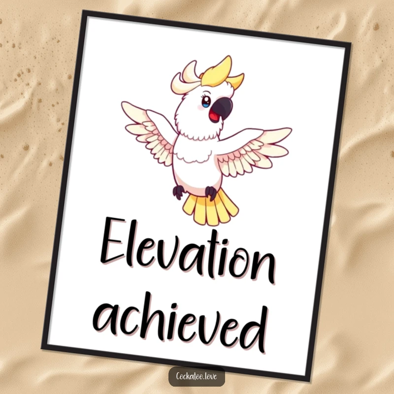 Funny cockatoo digital art print of a happy bird with spread wings in mid-flight, symbolizing freedom, joy, and a sense of adventure.