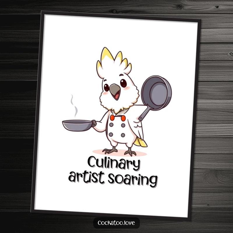 Funny Chef Cockatoo Digital Art Print: A happy cockatoo character as a chef energetically tossing a pretend pan, full of culinary fun.