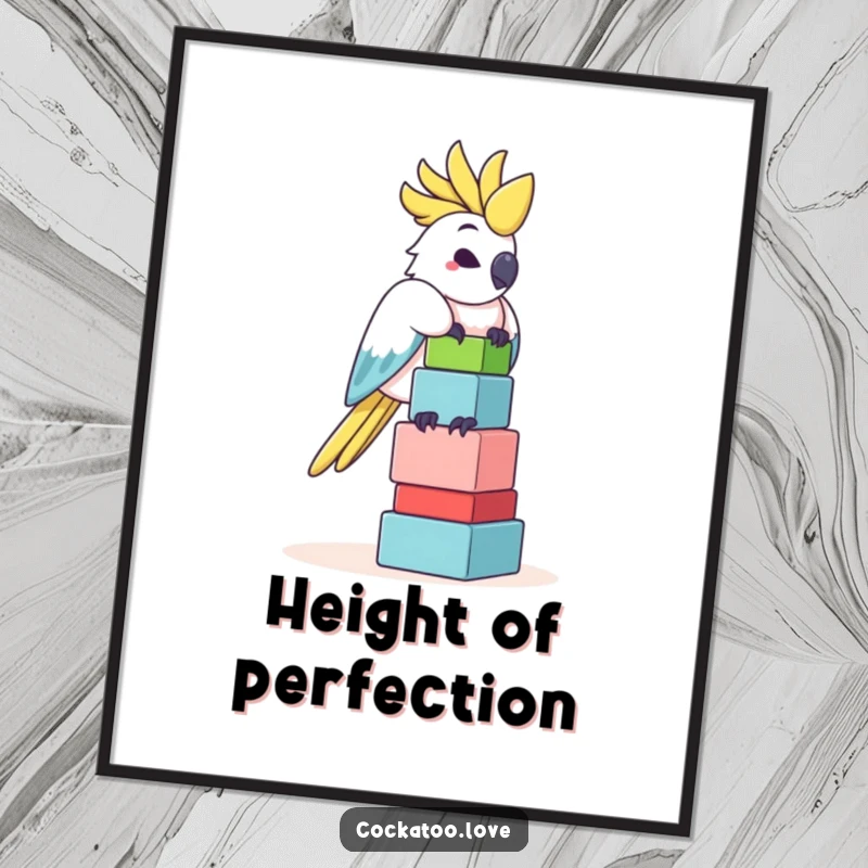 Funny Cockatoo Digital Art: A witty cockatoo masterfully balances a colorful tower of blocks, captured in funny, high-resolution detail.